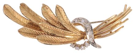 A Continental 18k gold and diamond set foliate brooch