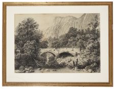 Viaduct over River- early 19th century pencil and charcoal drawing