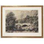 Viaduct over River- early 19th century pencil and charcoal drawing