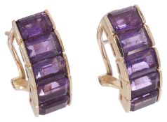 A pair of Continental baguette cut amethyst earrings