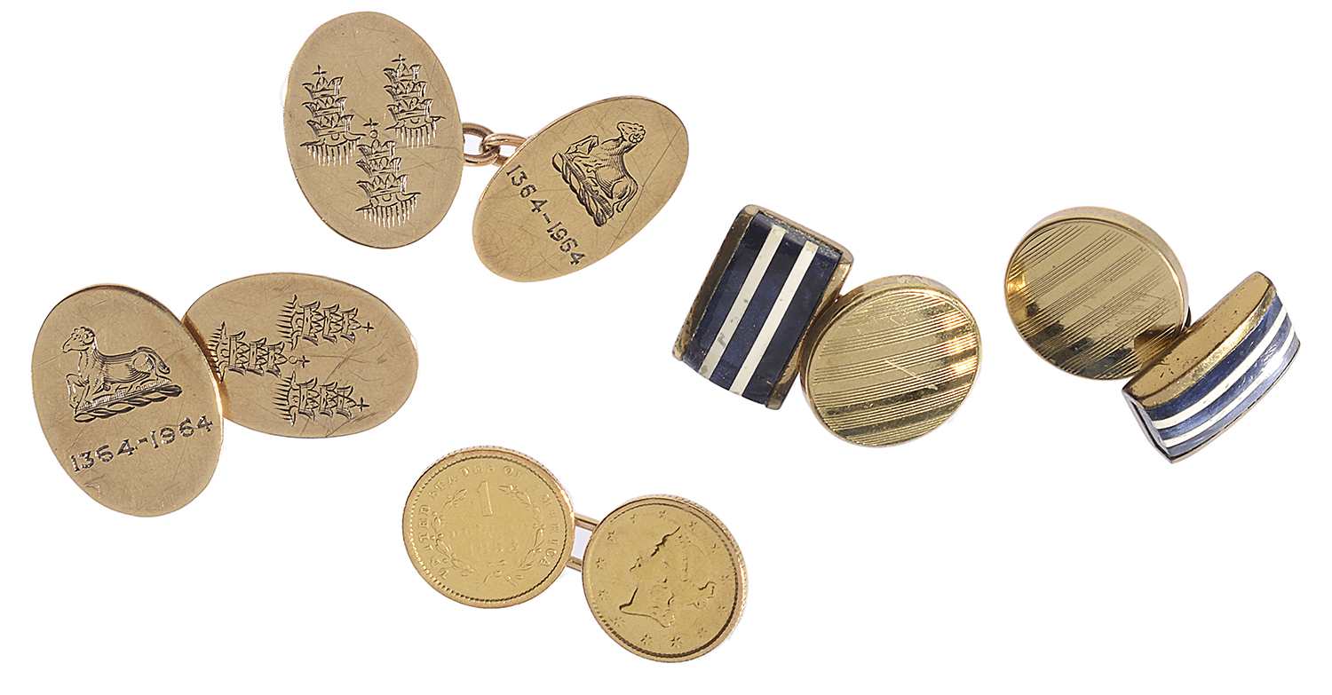 A pair of unusual oval engraved gold cufflinks