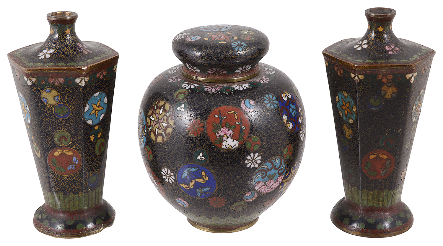 A pair of late 19th century Chinese cloisonne vases and a cloisonne ginger jar