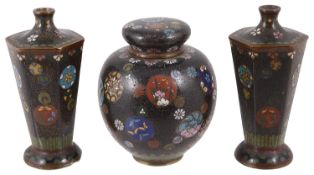 A pair of late 19th century Chinese cloisonne vases and a cloisonne ginger jar