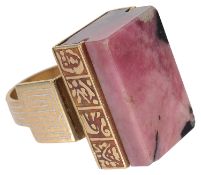 An unusual and striking Continental gold, pink rhodonite and enamel ring possibly Russian