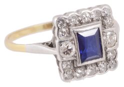 An attractive Art Deco sapphire and diamond set rectangular ring, the central rectangular cut synthe