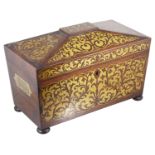 A Regency rosewood and brass inlaid sarcophagus shaped tea caddy,