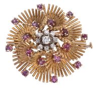 A Continental ruby and diamond set floral cluster brooch