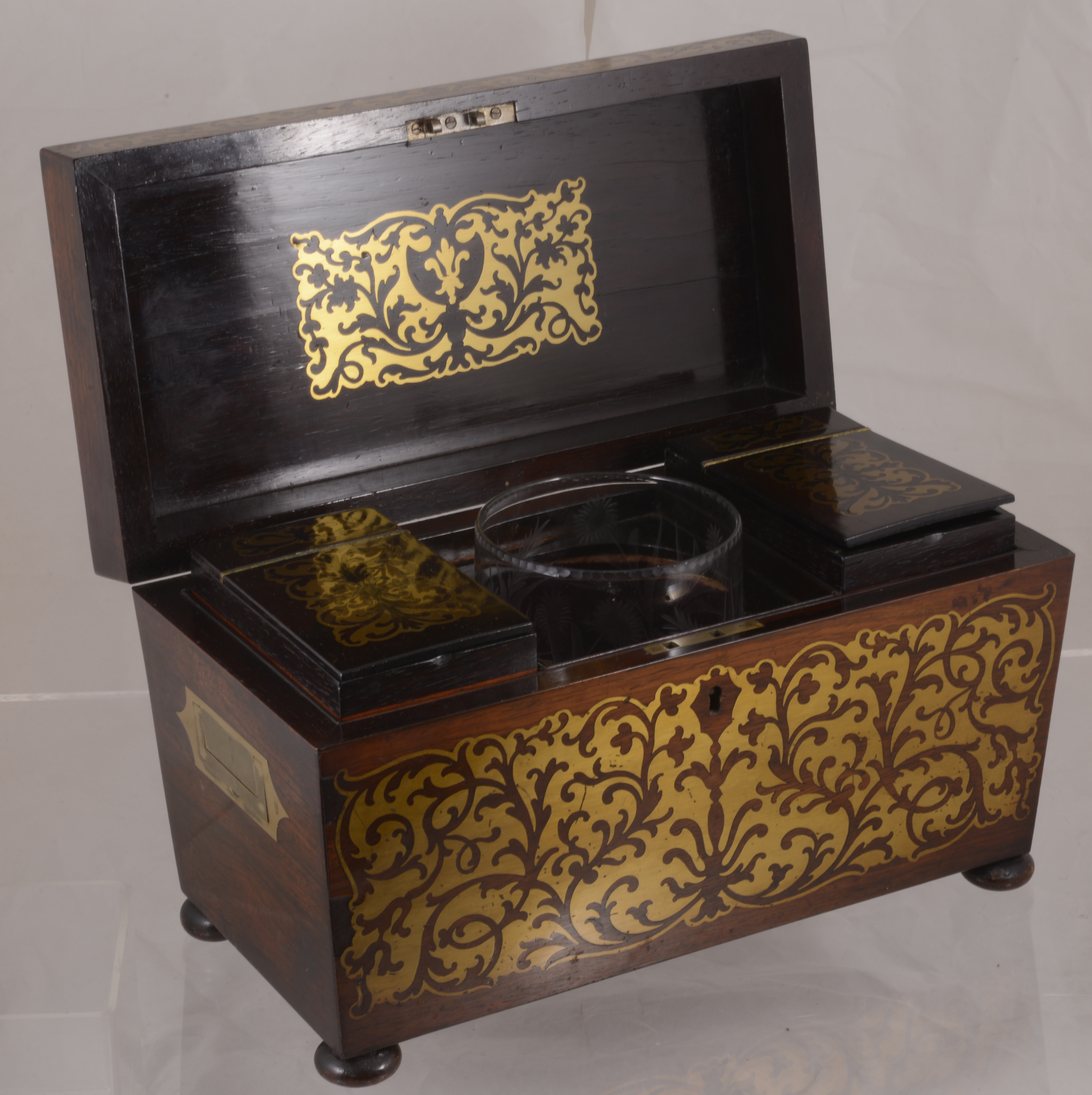 A Regency rosewood and brass inlaid sarcophagus shaped tea caddy, - Image 2 of 11