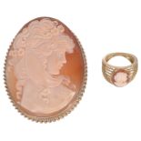 A large 9ct gold mounted cameo shell brooch and an 18ct gold cameo ring