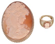 A large 9ct gold mounted cameo shell brooch and an 18ct gold cameo ring