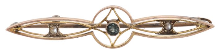 An Edwardian 9ct gold blue zircon and half pearl bar brooch