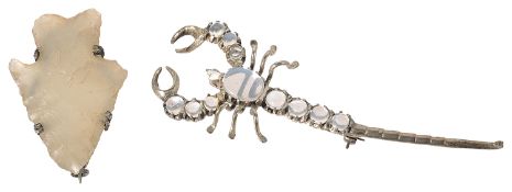 A large Continental moonstone set scorpion brooch