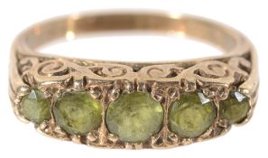 A 19th century 9ct gold five stone peridot ring