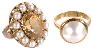 A large citrine and cultured pearl dress ring and a mabe pearl dress ring