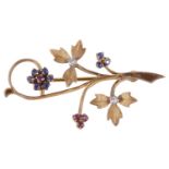 A 9ct gold delicate diamond sapphire and ruby floral brooch