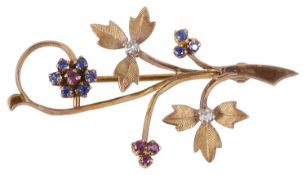 A 9ct gold delicate diamond sapphire and ruby floral brooch