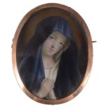 A yellow metal mounted portrait miniature brooch of the Maddona