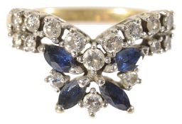 A 18ct gold sapphire and diamond wishbone shaped ring