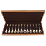 A cased set of twelve Royal Society for the Protection of Birds silver teaspoons, hallmarked London