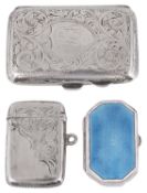 A silver and blue guilloche enamel pill box and two other cases