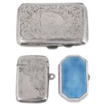 A silver and blue guilloche enamel pill box and two other cases