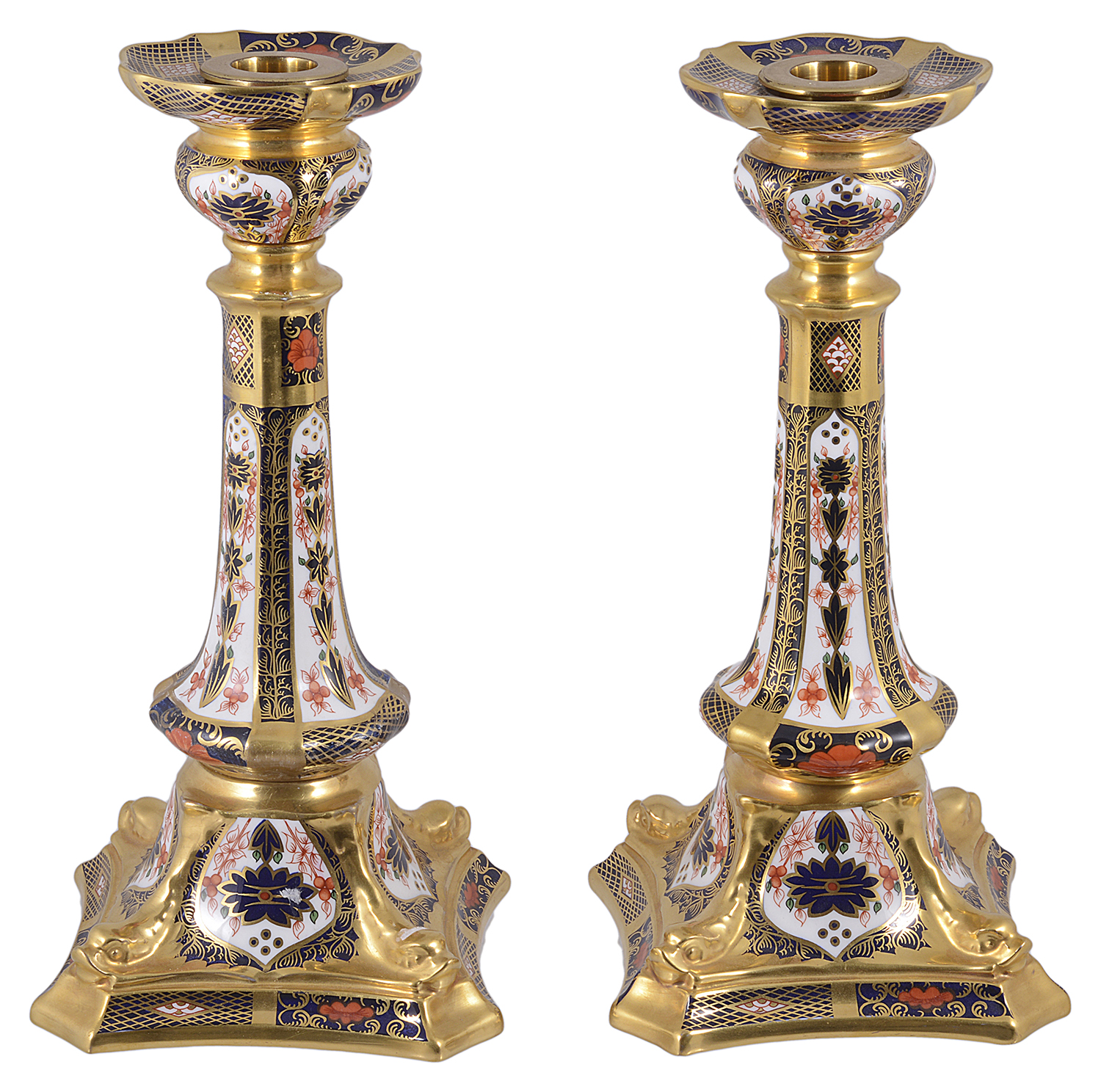 A pair of Royal Crown Derby 'Imari' pattern candlesticks, early 20th century