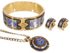 An enamel gold plated stiff bangle by Michaela Frey from 'The Greco Roman collection', pendant and e