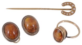 A Victorian horseshoe and half pearl stick pin and other items