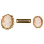A Victorian plaited hair memorial brooch and two cameo brooches