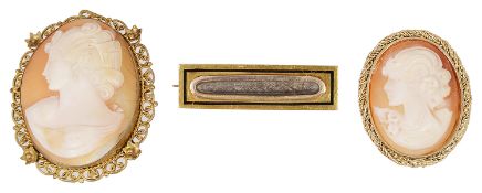 A Victorian plaited hair memorial brooch and two cameo brooches