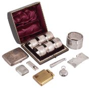 A collection of Victorian, Edwardian and later silver items, cigarette case, sovereign holder, card