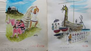 Smilby, Francis Wilford-Smith forty coloured 'Travel/Holiday/Car/Boat' themed artists rough sketches