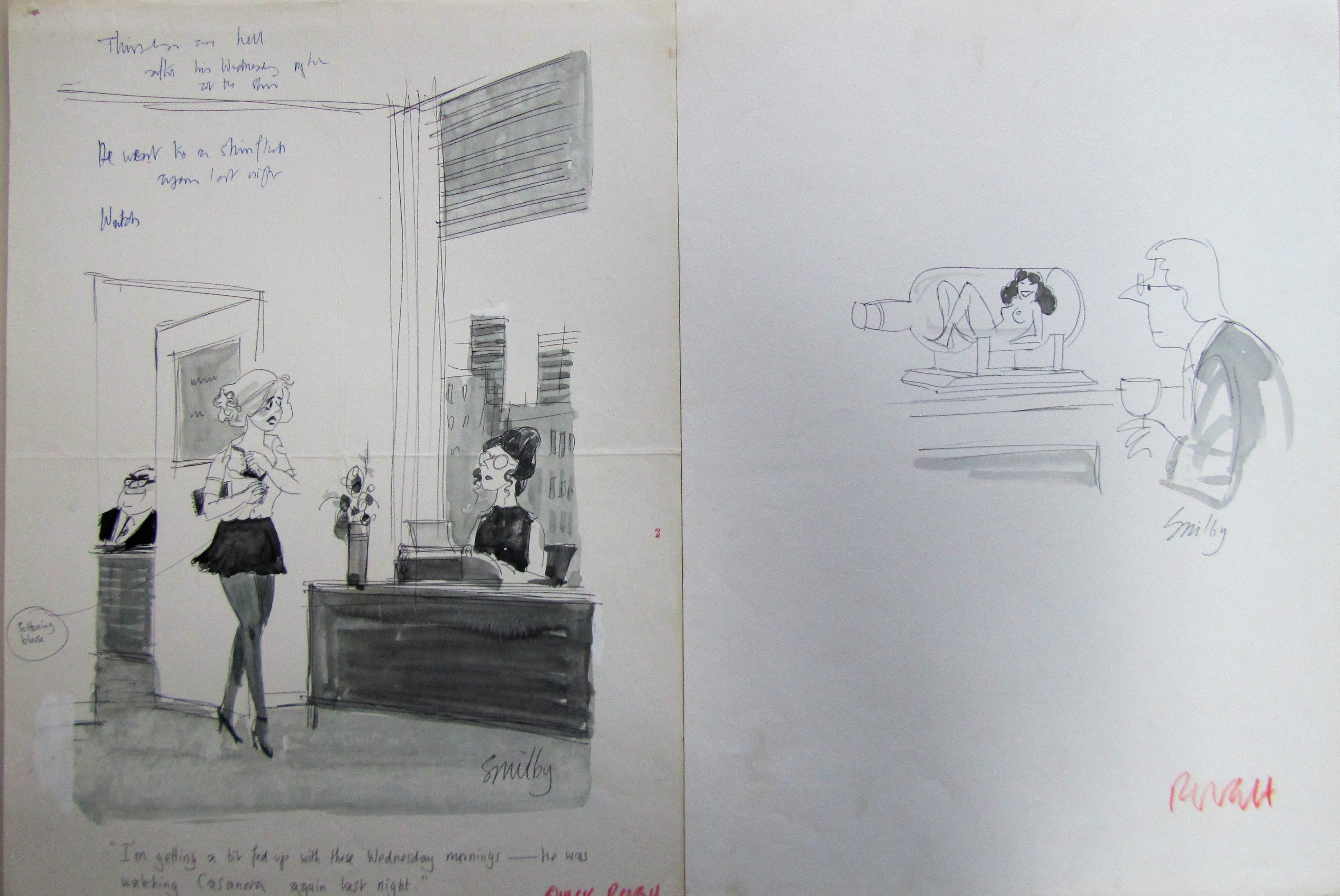 Smilby, Francis Wilford-Smith a collection ink & pen 'Romance, Dating' themed artists rough drawings - Image 2 of 6