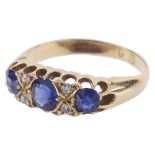 A three stone sapphire set gypsy ring