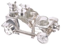 A silver plated cruet suite, in the form of a vintage two seater car