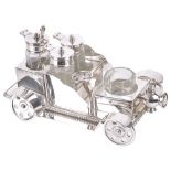 A silver plated cruet suite, in the form of a vintage two seater car