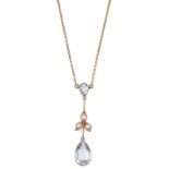 A delicate aquamarine and seed pearl drop pendant necklace