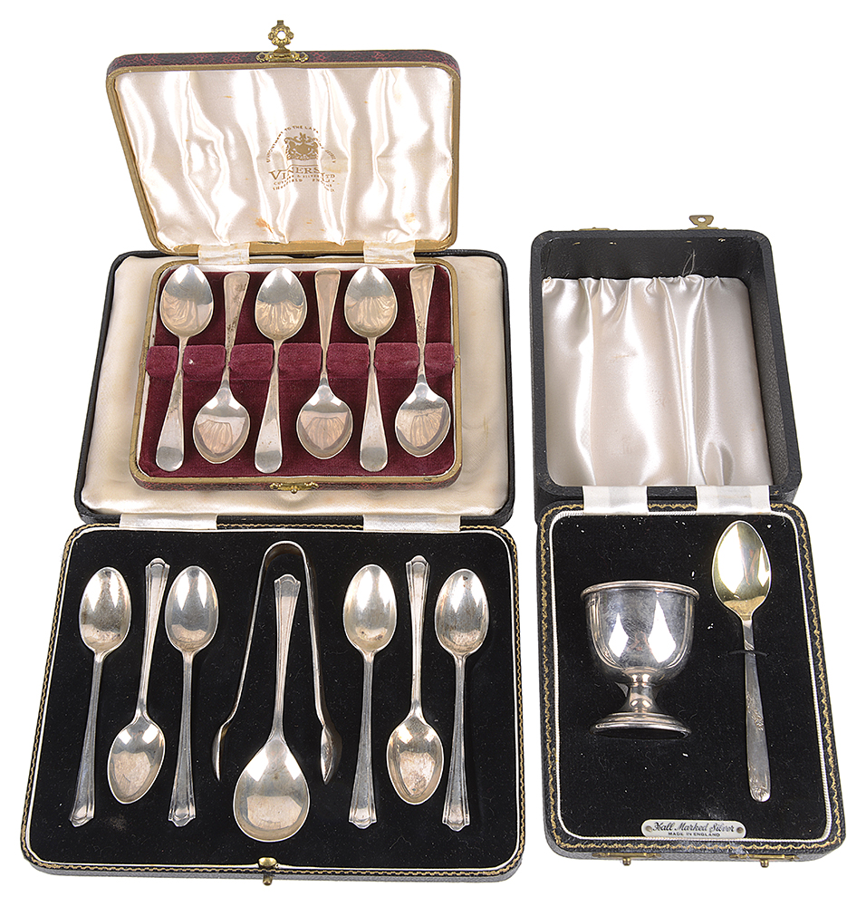 George V and later silver teaspoons and christening suite(3 cases)