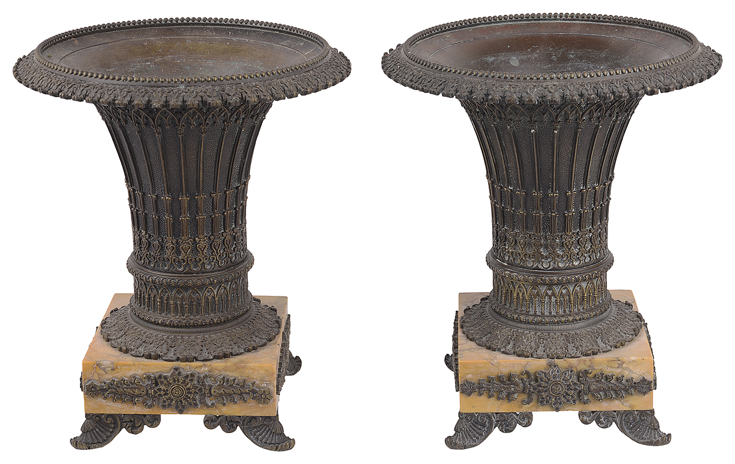 A pair of Fr. bronze urns in the Gothic taste, circa 1820 (2)