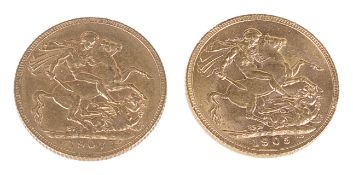 Two Edward VII gold full sovereigns(2)