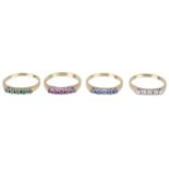 A set of four matching five stone diamond and gem set rings(4)