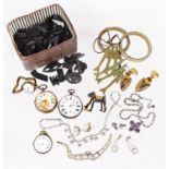 A collection of Vict. jet, three silver pocket watches and other items