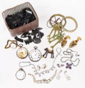 A collection of Vict. jet, three silver pocket watches and other items