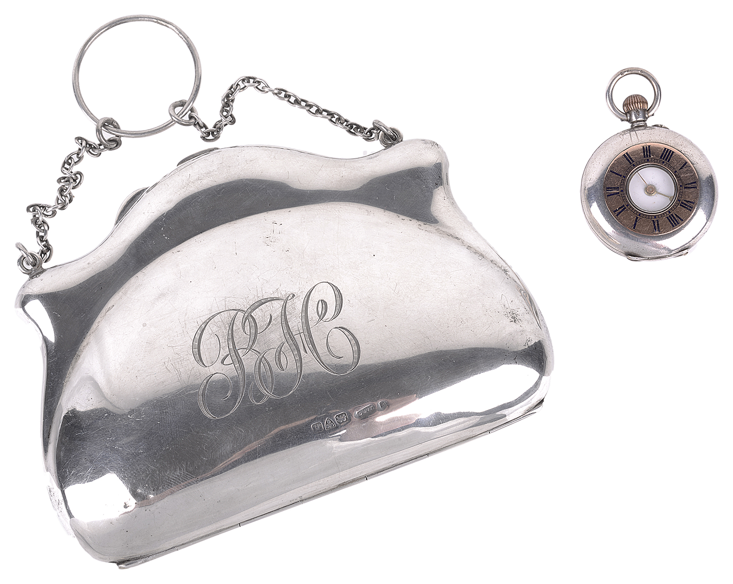 A George V ladies silver purse and a ladies silver pocket watch(2)