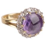 A large cabochon amethyst and diamond set cluster ring