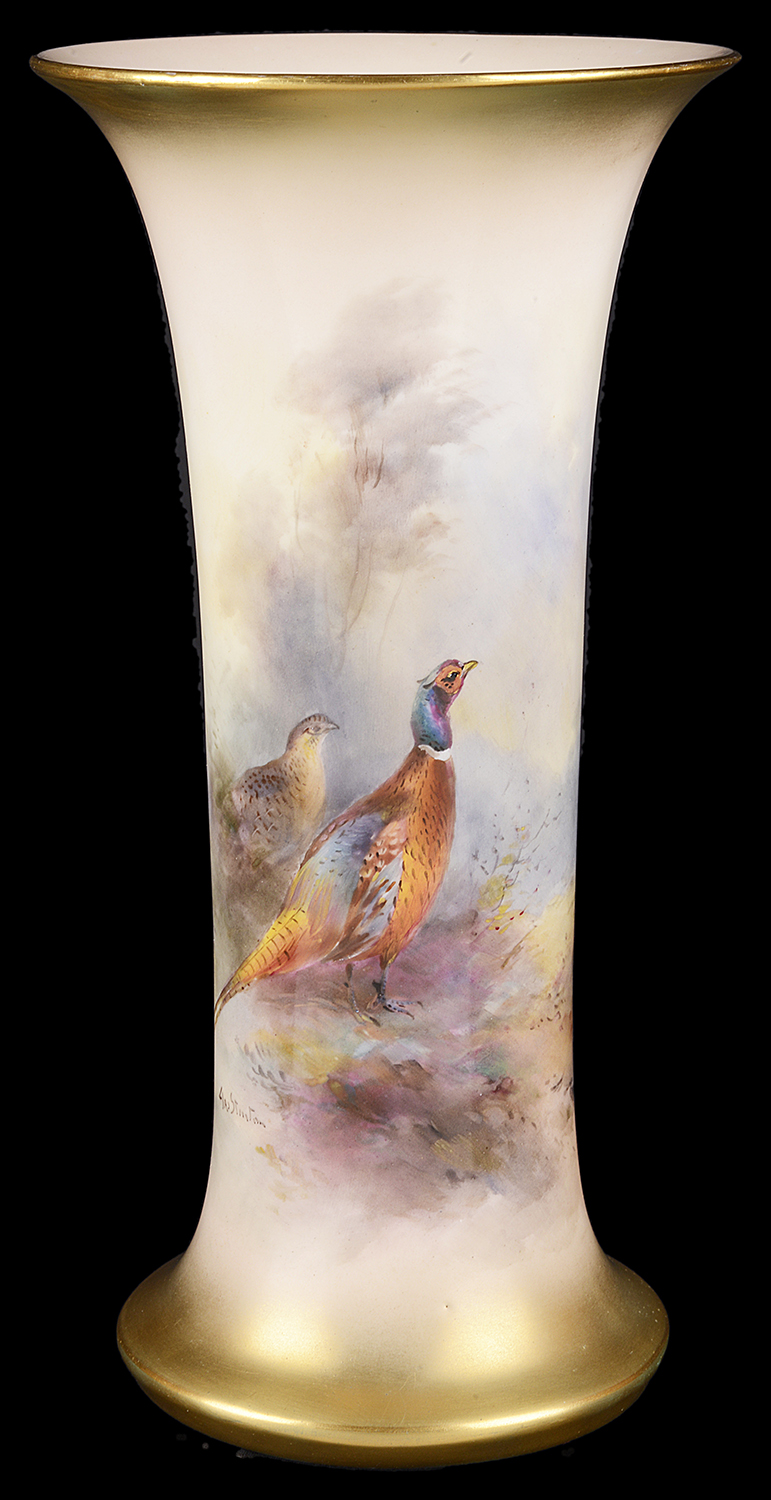 A Royal Worcester trumpet vase hand painted by James Stinton