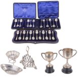 Selection of silver, cased teaspoons, bon bon dish, trophy cups (qty)