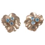 A pair of Continental blue zircon set floral ear clips, circa 1950