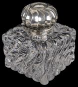 A Vict. silver and glass desk inkwell, hallmarked Birmingham 1891