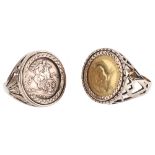 A 1985 1/10th Krugerand coin mounted ring and another(2)